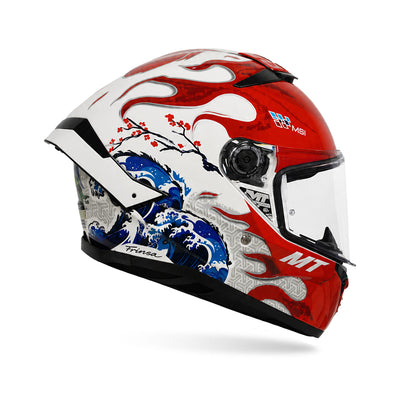 Gloss full-face motorcycle helmet with red/white/blue graphic shell and chin bar