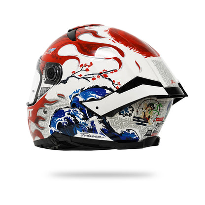 Gloss full-face motorcycle helmet in red, white, and blue with graphic decals