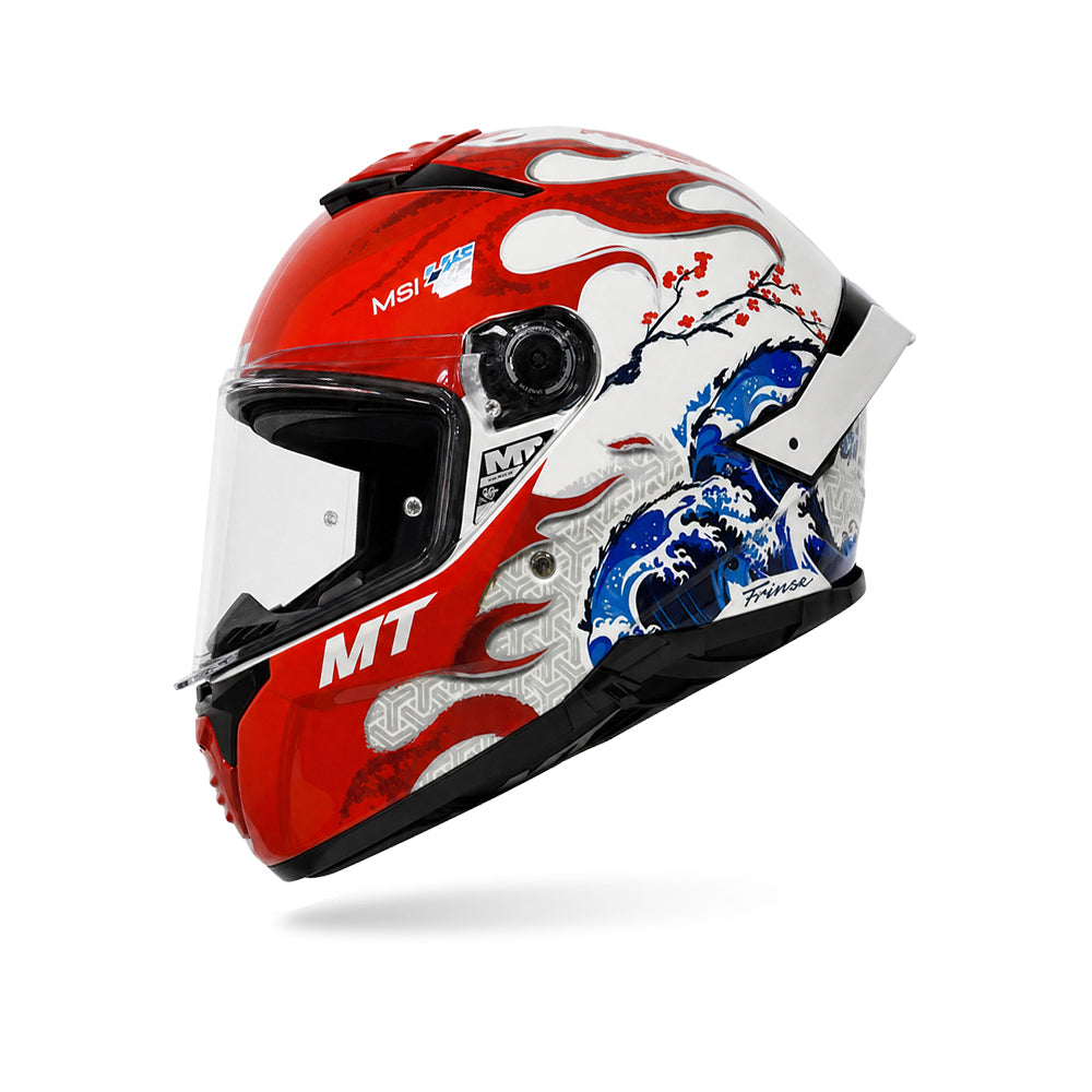 Gloss full-face motorcycle helmet, red/white/blue graphics, open visor