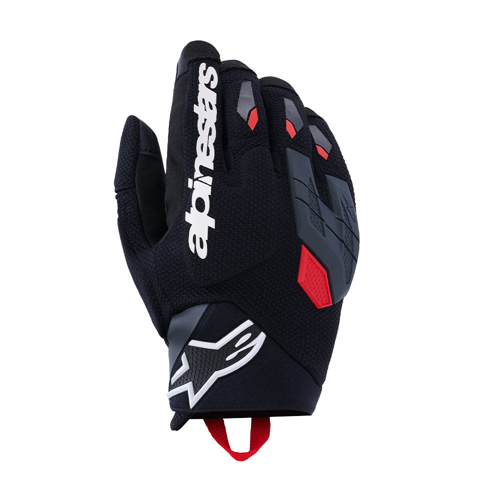Black motorcycle gloves with Alpinestars logo, red trim, hook-and-loop wrist cuff