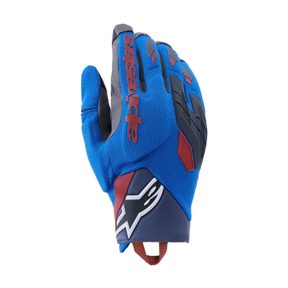 Blue motorcycle gloves with gray accents and reinforced knuckles, webbed grip panels