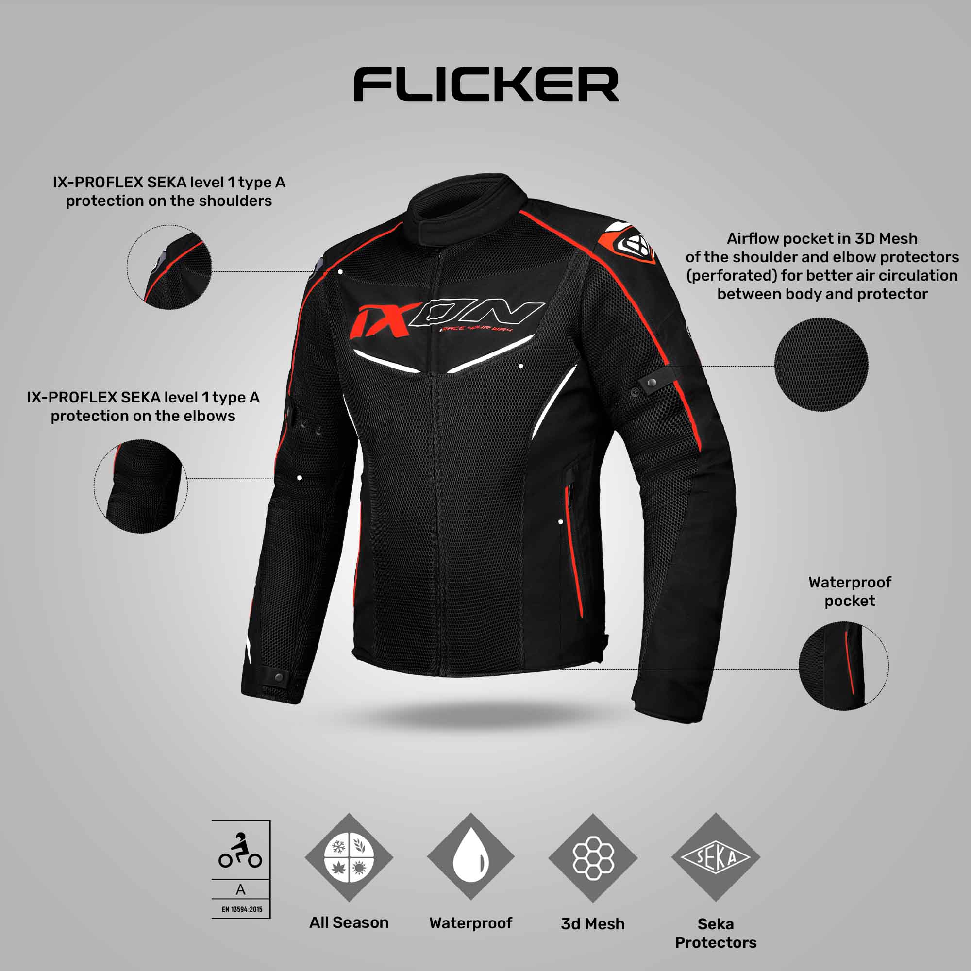 IXON Flicker Black/White/Red Jacket – Reise Moto