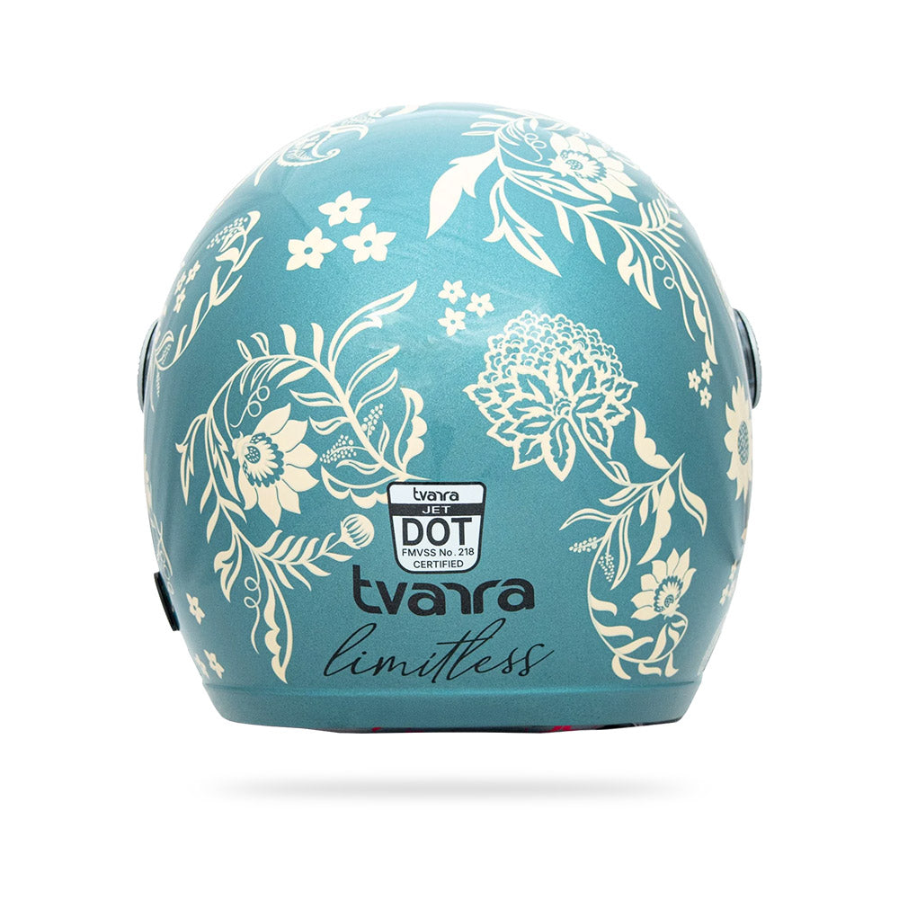 Marine blue floral motorcycle helmet back view with certification labels