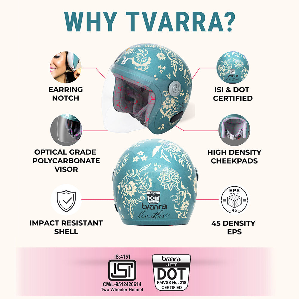 Floral motorcycle riding helmet in marine blue with clear visor and safety badge