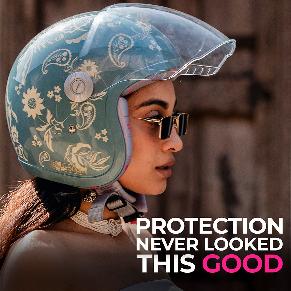 Marine blue floral motorcycle helmet with clear visor and face visor frame
