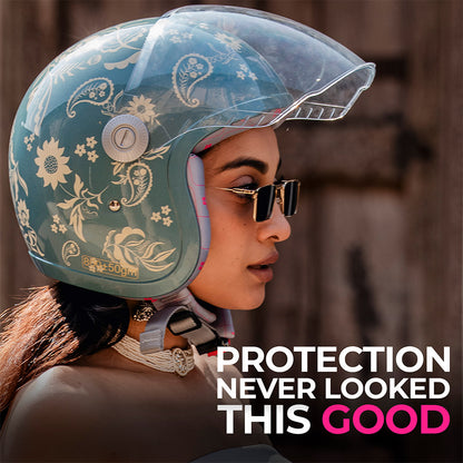 Marine blue floral motorcycle helmet with clear visor and face visor frame