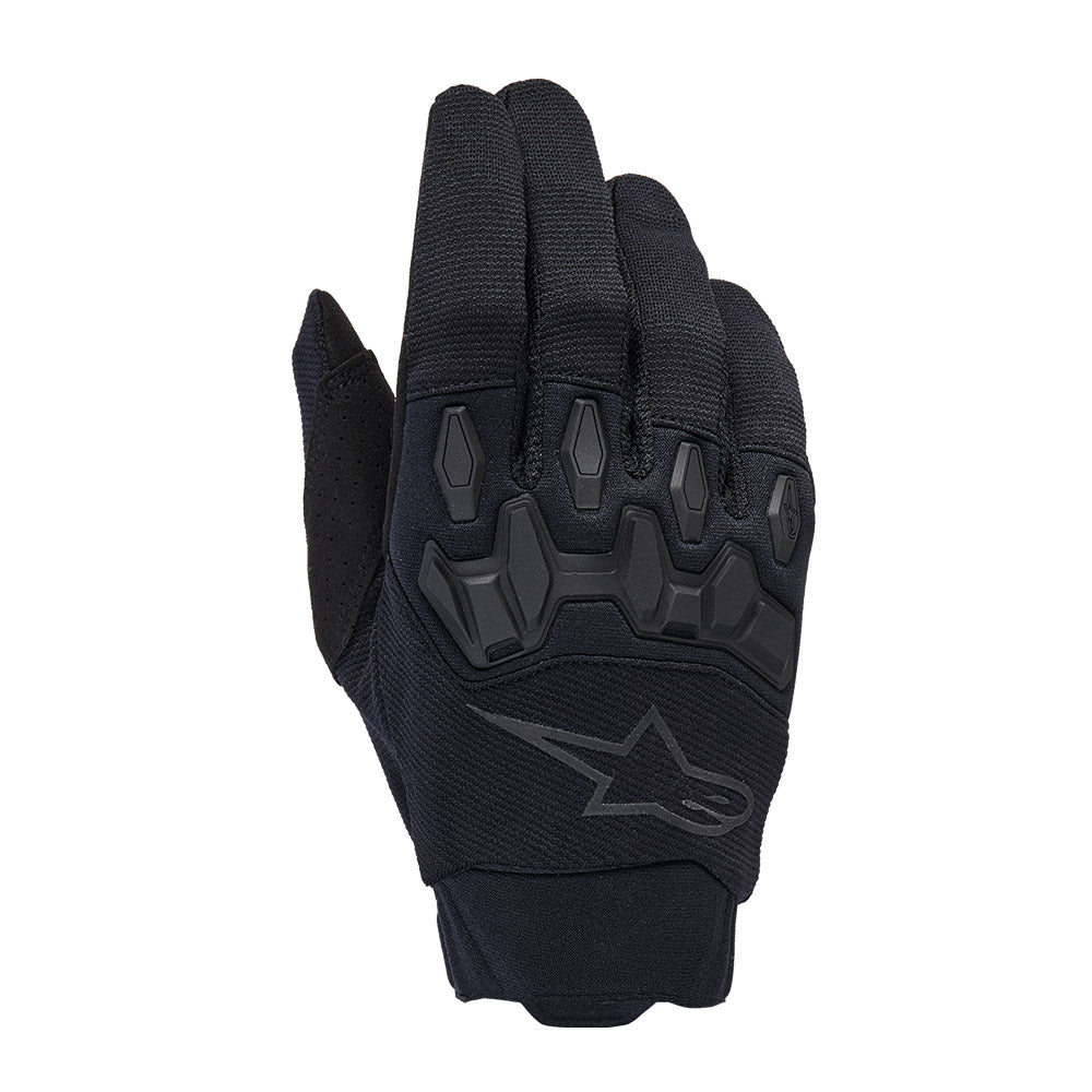 Black motorcycle gloves with padded knuckle armor and textured grip palm