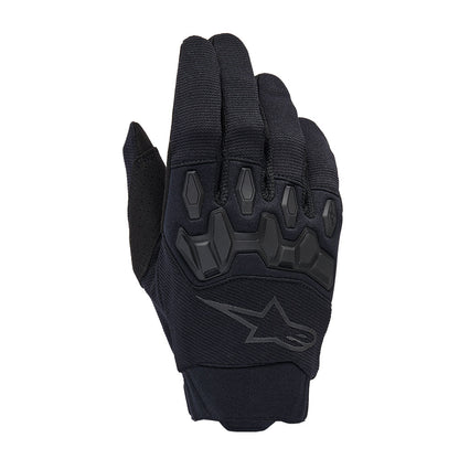 Black motorcycle gloves with padded knuckle armor and textured grip palm