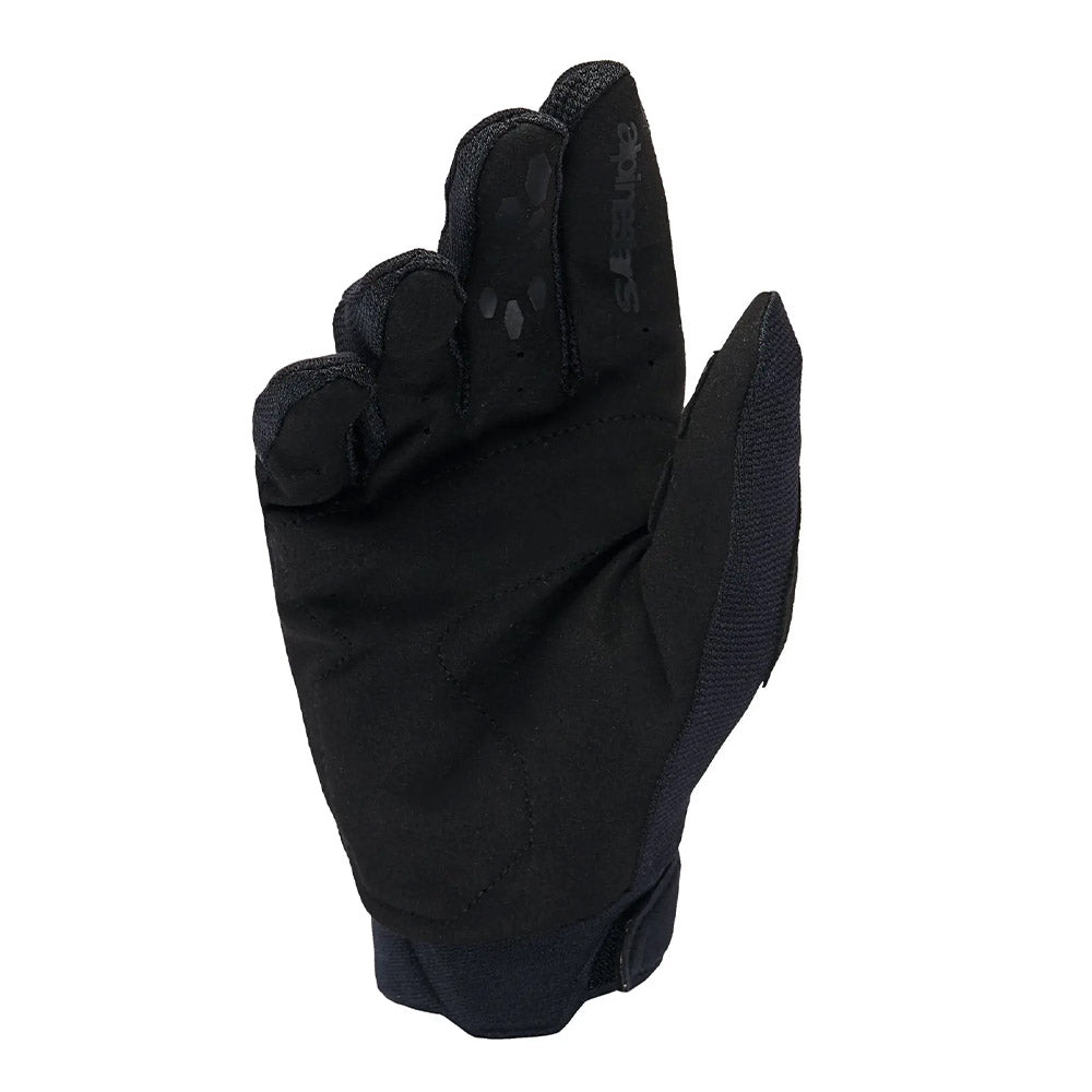 Black motorcycle gloves, full-finger design with side armor and stitched wrist area