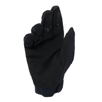 Black motorcycle gloves, full-finger design with side armor and stitched wrist area
