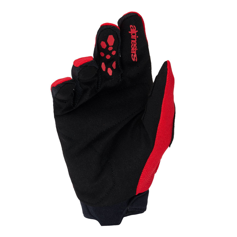 Alpinestars Full Bore V2 motorcycle gloves, black with bright red accents and knuckle graphics