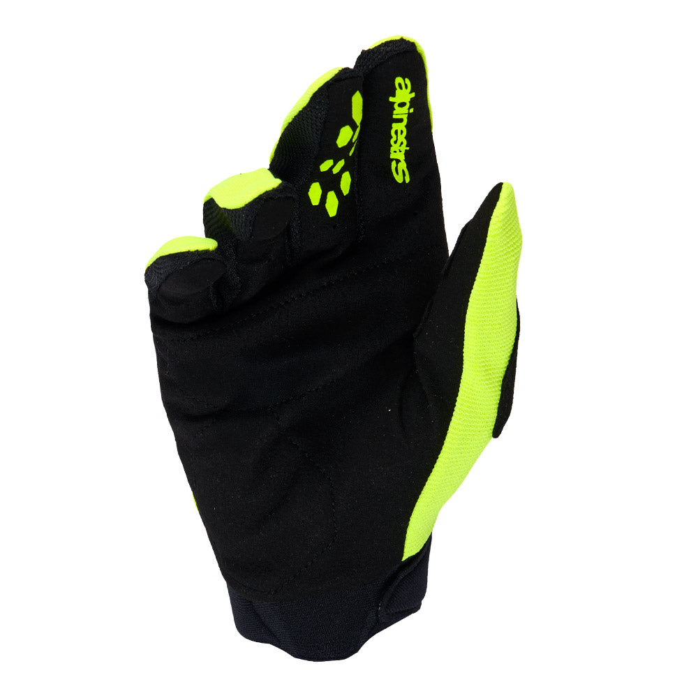 Motorcycle gloves neon yellow and black, black palm with Alpinestars logo