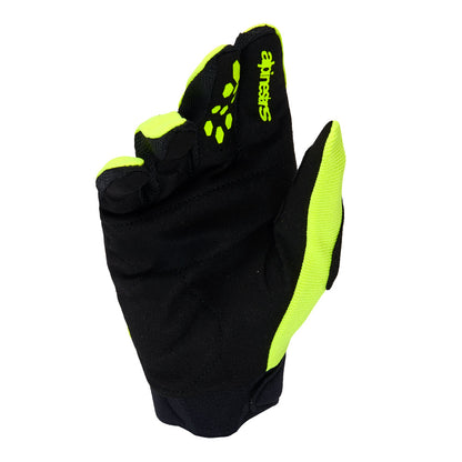 Motorcycle gloves neon yellow and black, black palm with Alpinestars logo