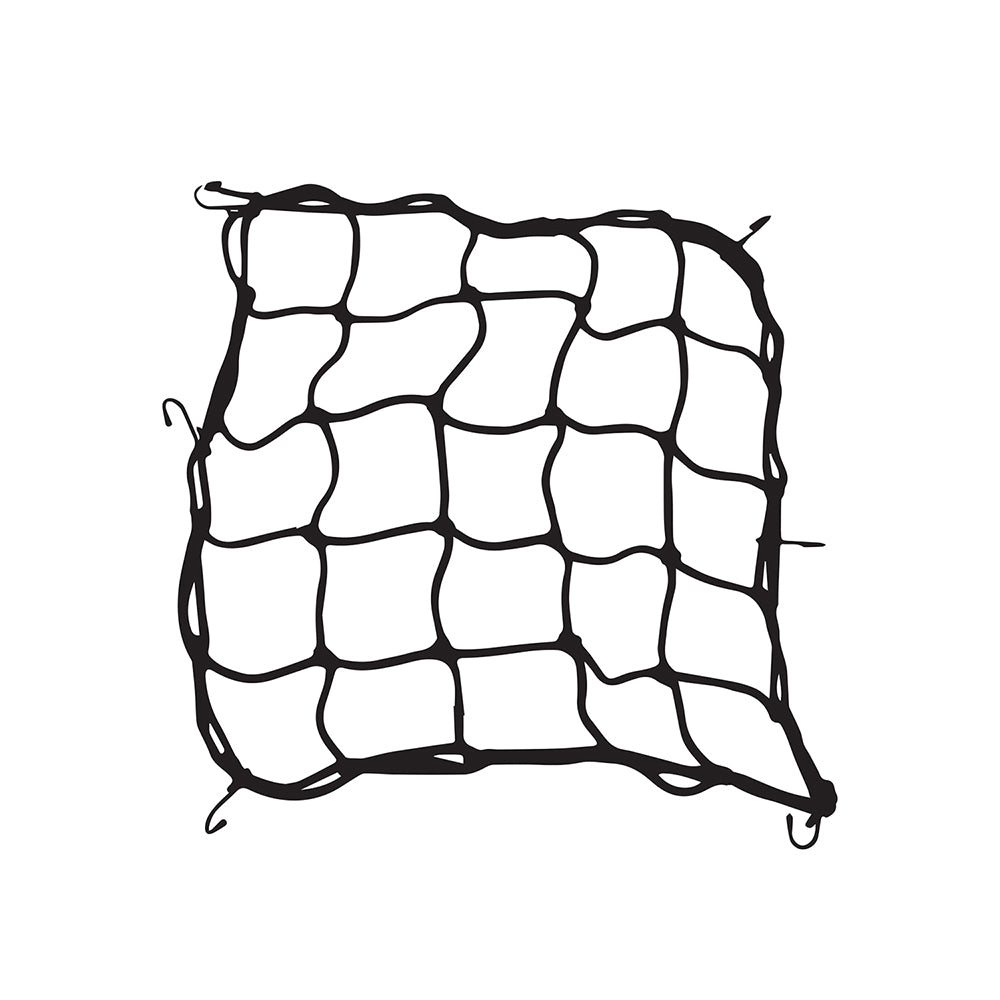 Black cargo net sheet with elastic bungee cord corners, flat view