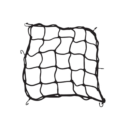 Black cargo net sheet with elastic bungee cord corners, flat view