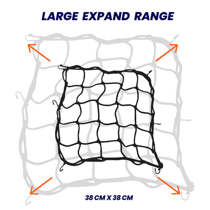 Black bungee cargo net with expandable range, 38 cm x 38 cm