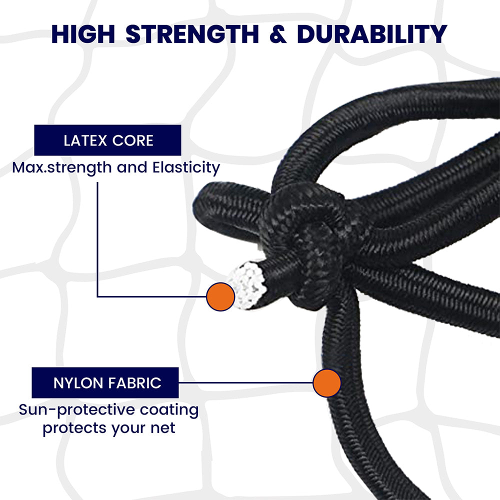 Black bungee cord detail showing latex core and nylon fabric layers