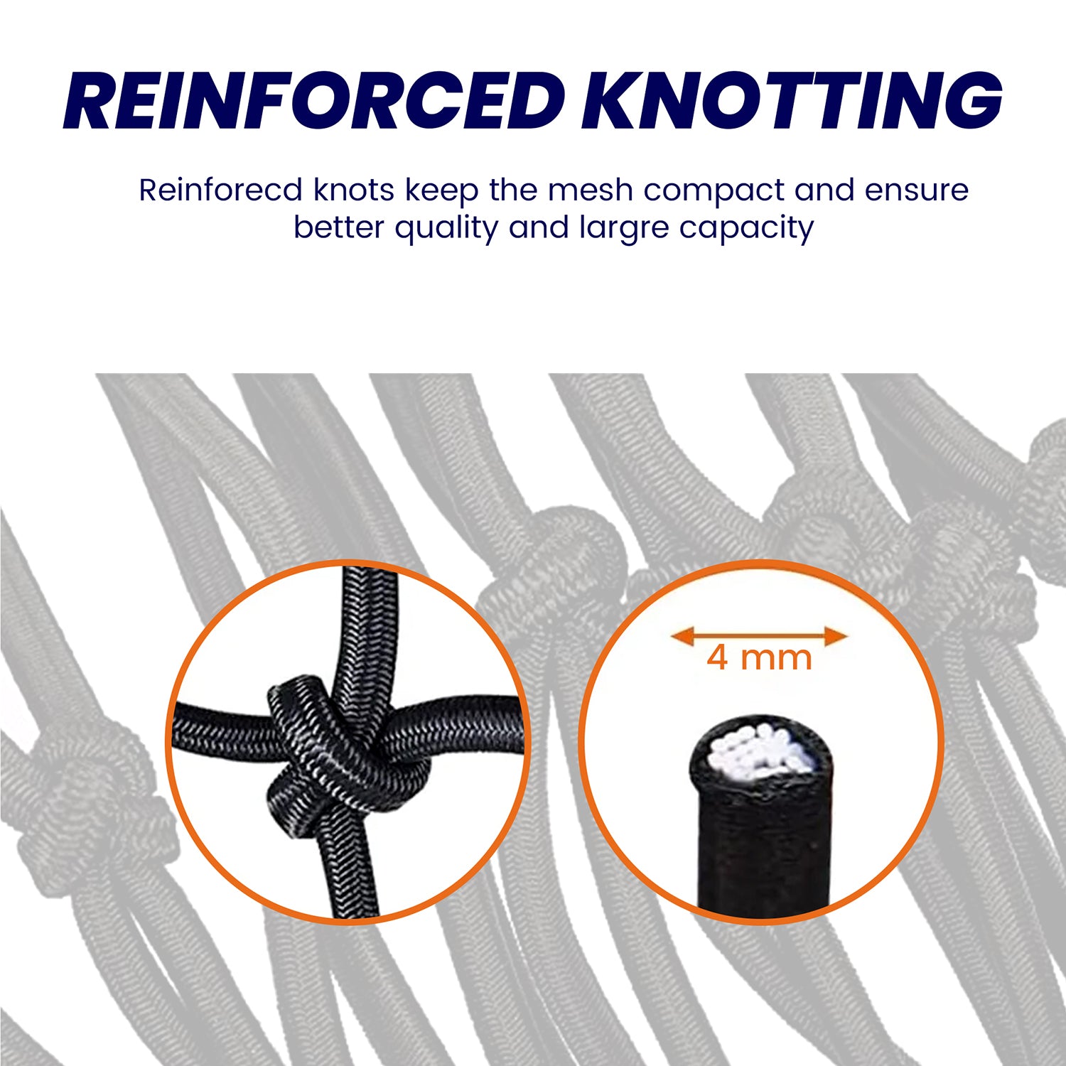 Black bungee cord net with reinforced knotting detail, close-up