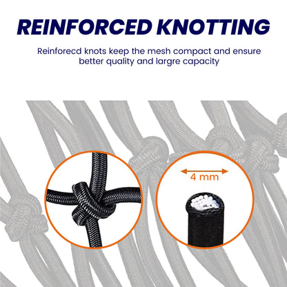 Black bungee cord net with reinforced knotting detail, close-up