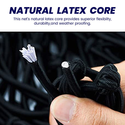 Black bungee cord net section with natural latex core, close-up