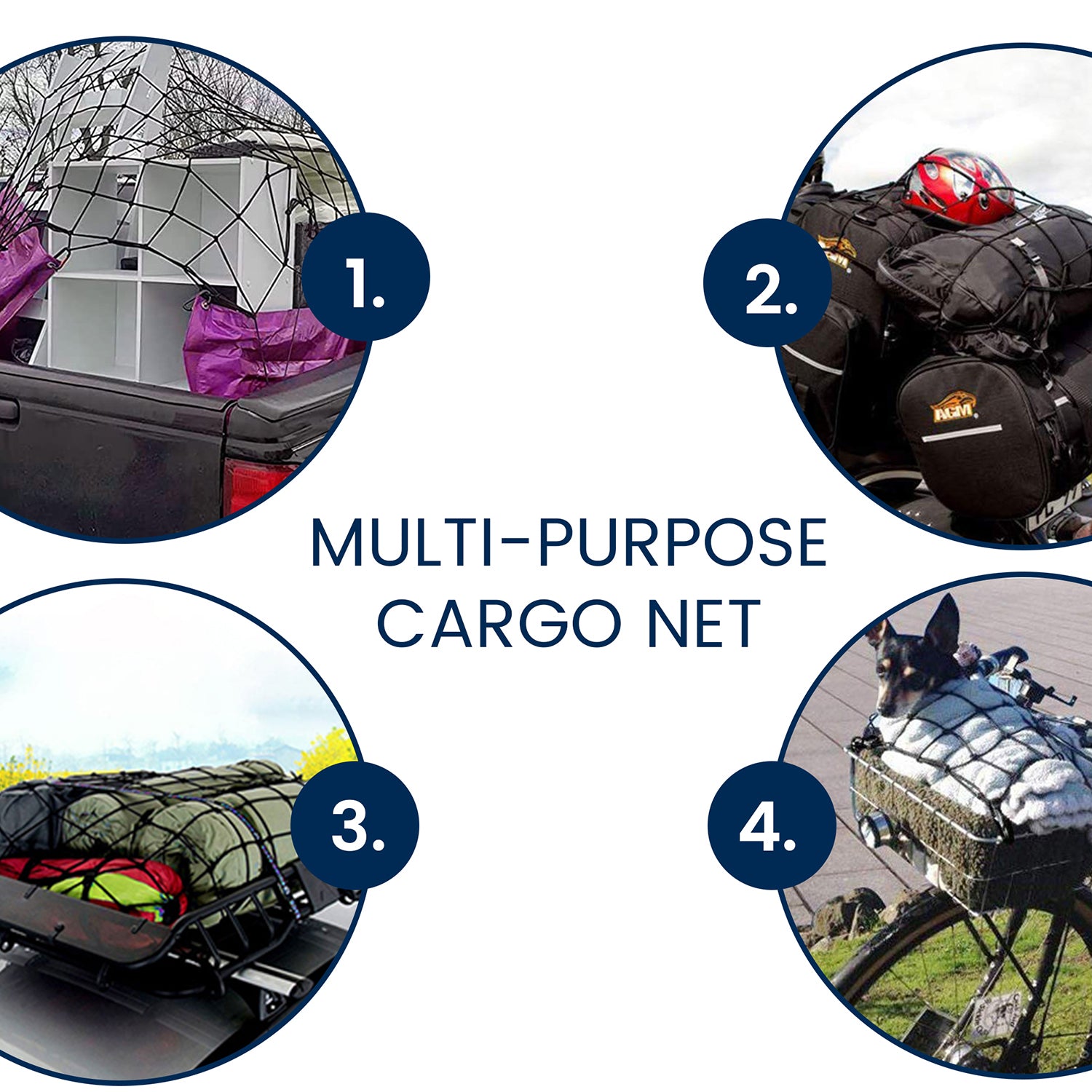 Black multi-purpose cargo net with bungee cords, shown with different load setups