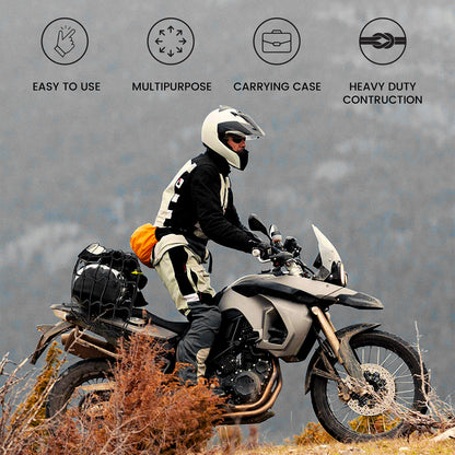 Black cargo net secured with bungee cords on a motorcycle