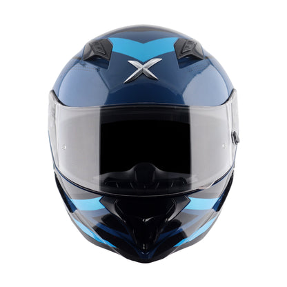 Motorcycle riding helmet front view, dark blue shell with X emblem and clear face shield