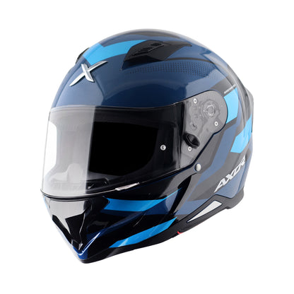 Motorcycle riding helmet, dark blue with blue stripes, glossy shell and clear visor