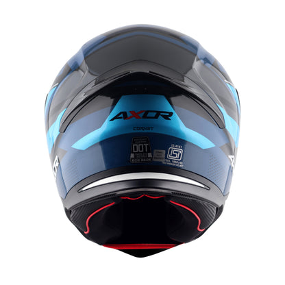 Motorcycle riding helmet rear view, AXOR logo, blue accents, red vent highlights