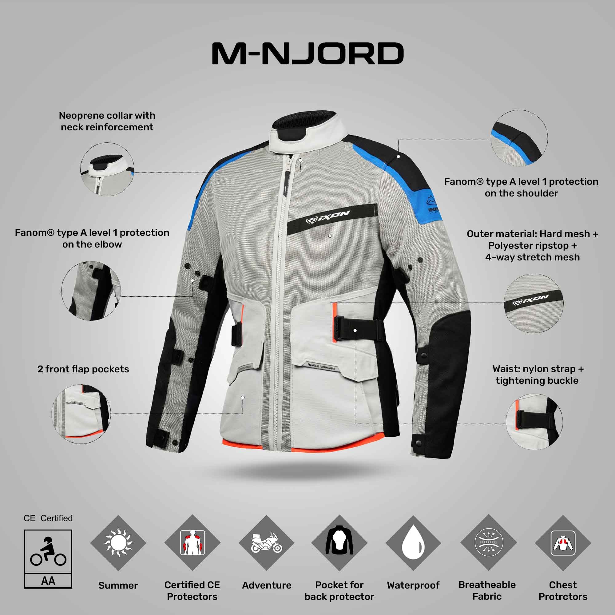 M-Njord - Adventure Touring Jacket (Light Grey / Blue/ Neon Red)