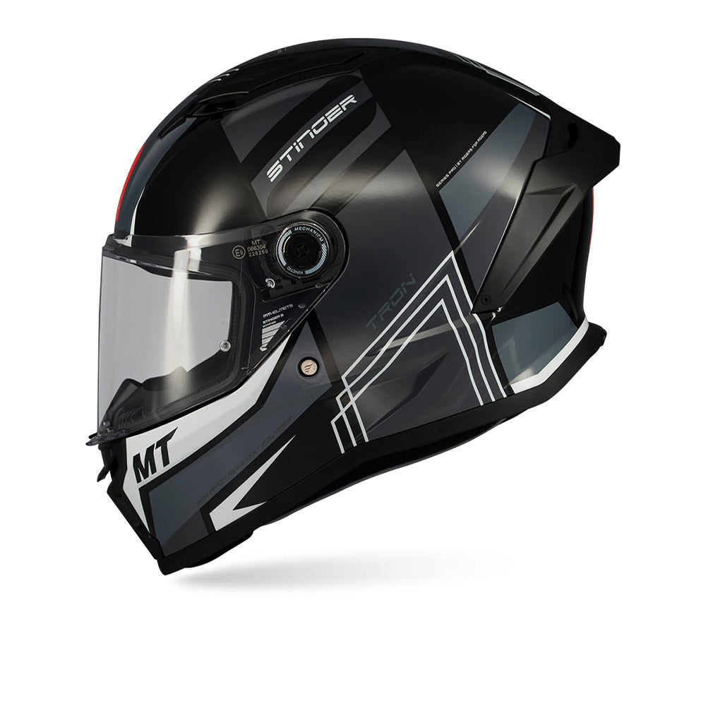 Gloss black full-face helmet with tinted visor and angular white side stripe design