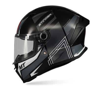 Gloss black full-face helmet with tinted visor and angular white side stripe design