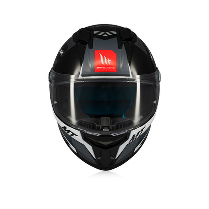 Gloss black full-face helmet with dark tinted visor and red MT logo on the front