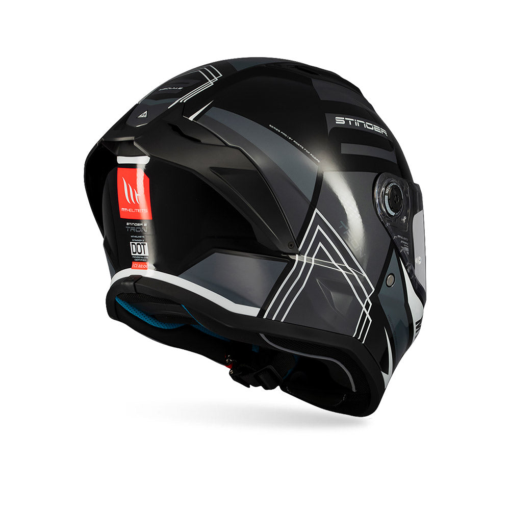 Gloss black full-face helmet side view with tinted visor and red MT sticker