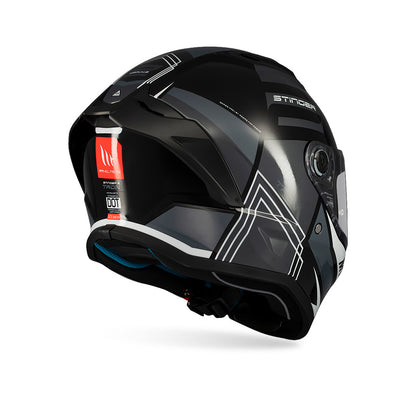 Gloss black full-face helmet side view with tinted visor and red MT sticker