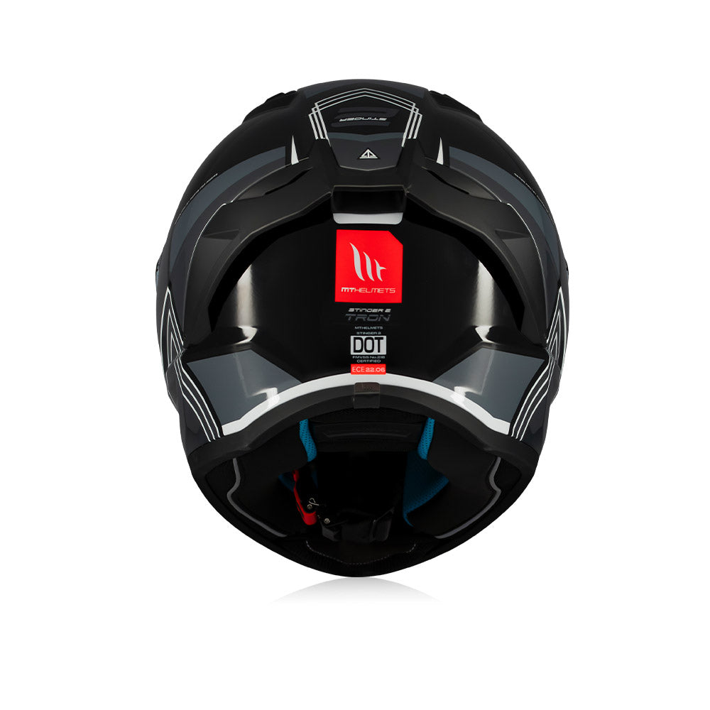 Gloss black full-face helmet rear view with red sticker and DOT certification mark