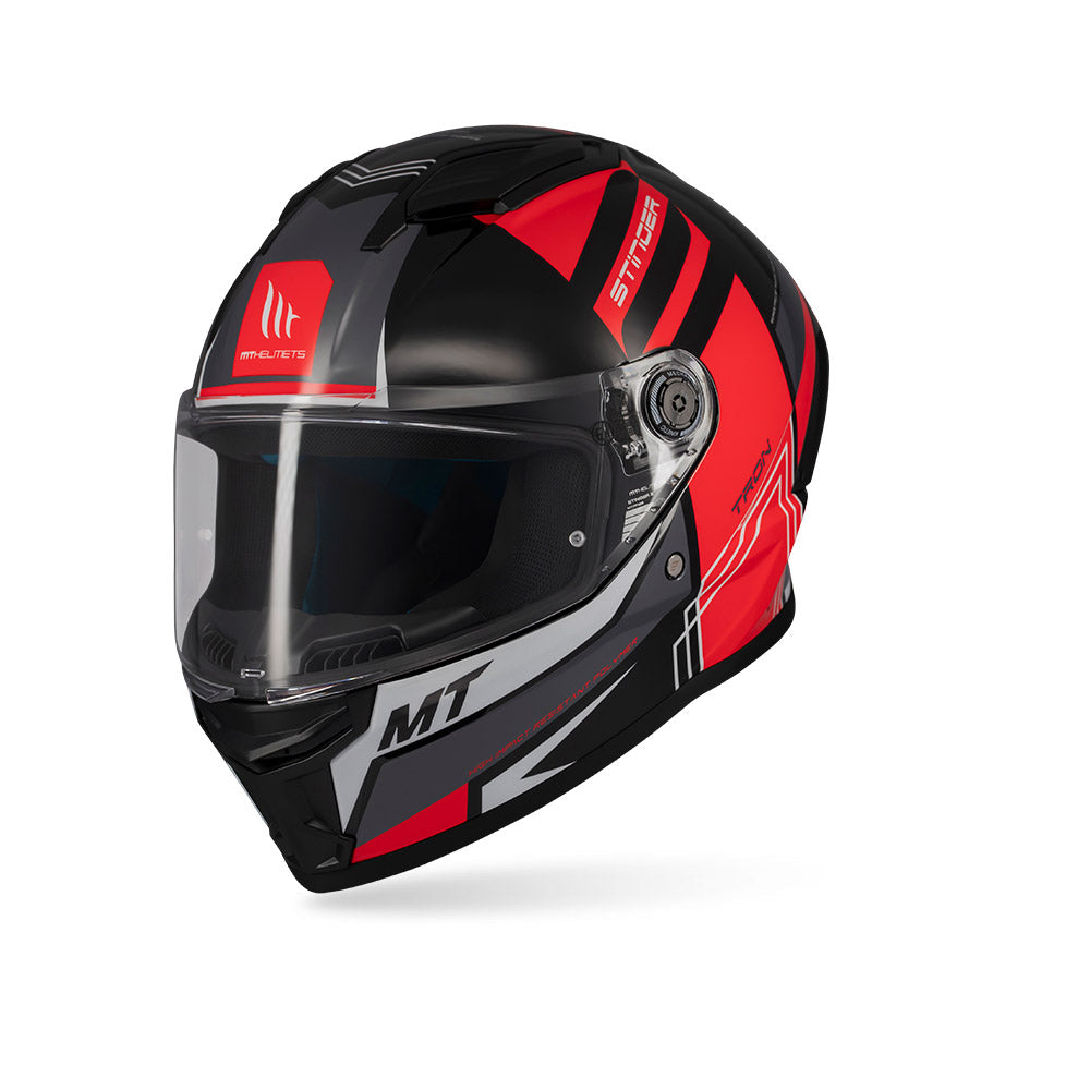 Black/red full-face motorcycle helmet with clear visor and chin strap