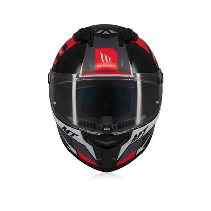 Front view black and red full-face motorcycle helmet with clear face shield