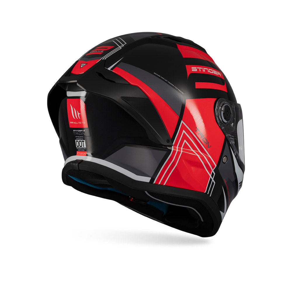 3/4 view black/red full-face motorcycle helmet with clear visor and vented shell