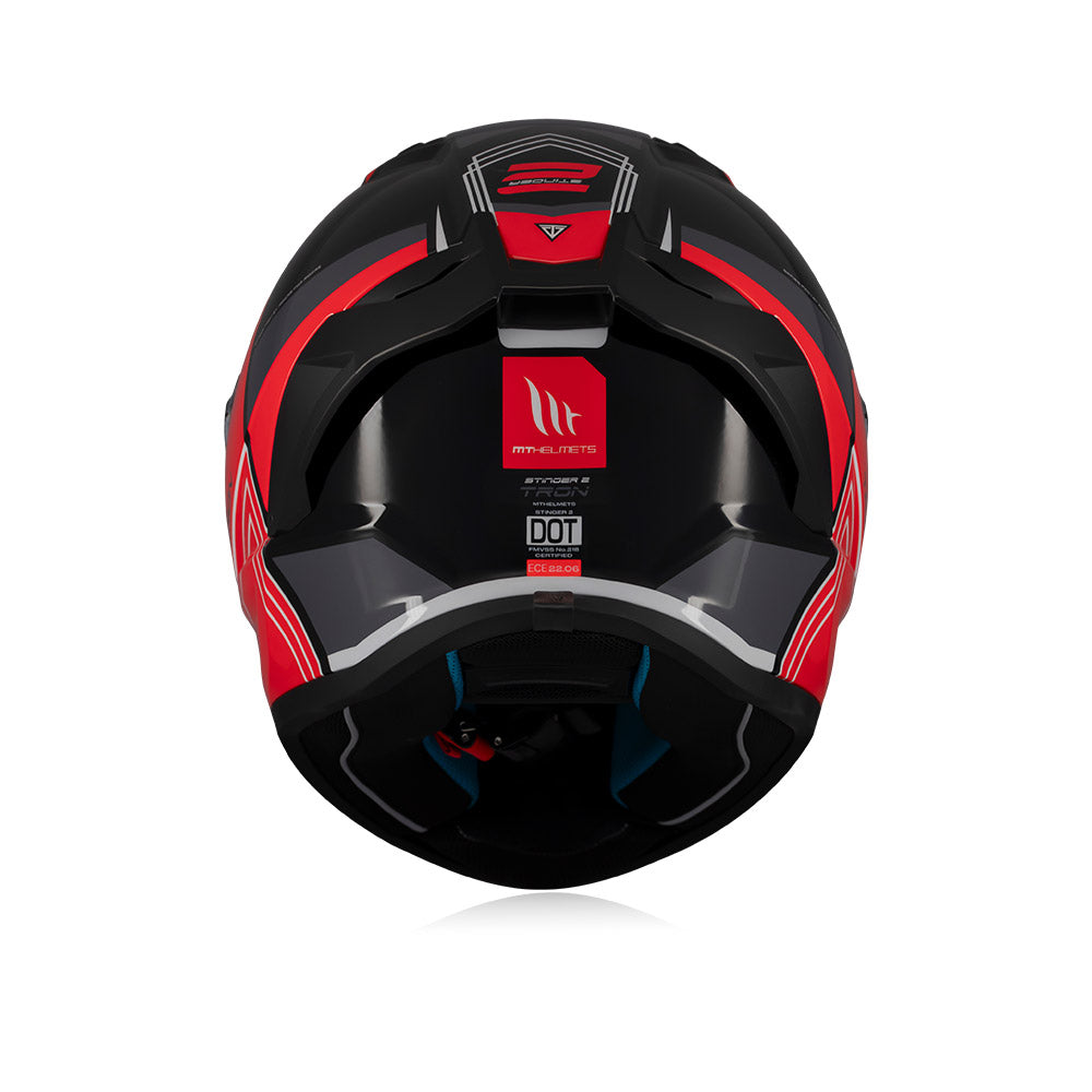 Full-face motorcycle helmet interior with black shell and red accents