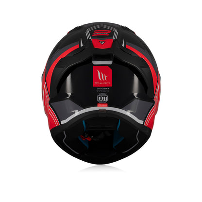 Full-face motorcycle helmet interior with black shell and red accents