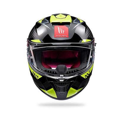 Motorcycle helmet front view with clear visor, neon yellow accents on black