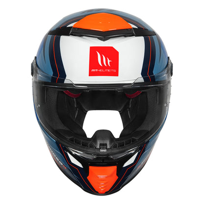 Motorcycle full-face helmet with glossy orange top, black chin guard, white front panel