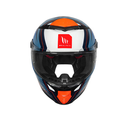 Full-face motorcycle helmet in glossy orange, black, white, and blue with raised chin guard