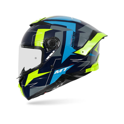 Gloss full-face motorcycle helmet, side view, dark blue with neon green and blue graphics