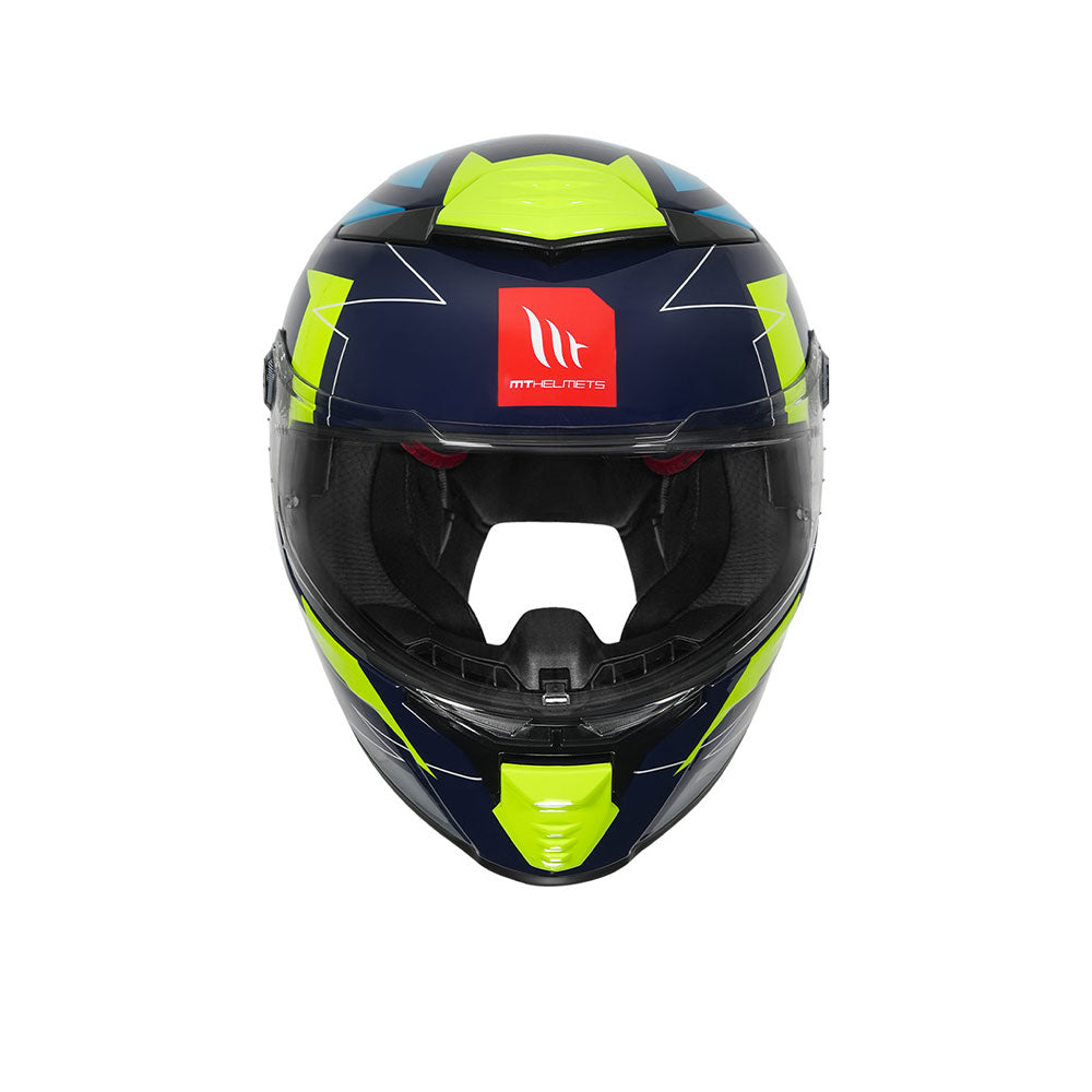 Gloss full-face motorcycle helmet in dark blue with neon green accents, front view