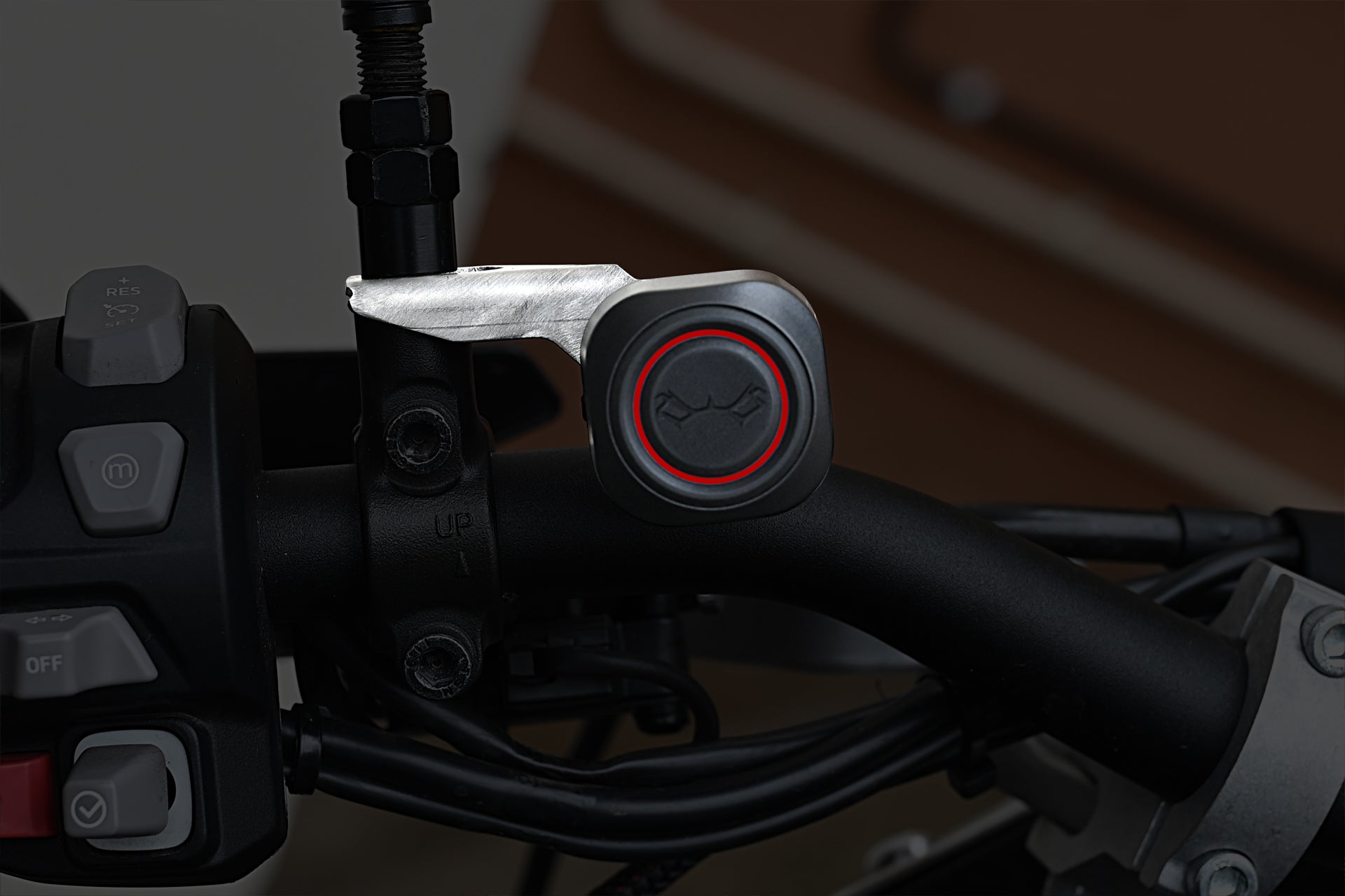 Switch Pro handlebar switch with red ring button and metal mount hardware