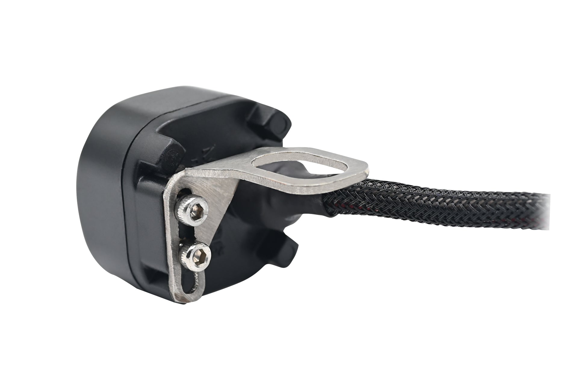 Black handlebar switch housing with metal clamp and mounting screws