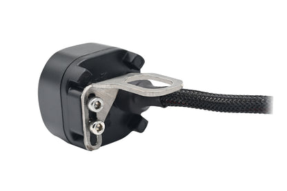 Black handlebar switch housing with metal clamp and mounting screws