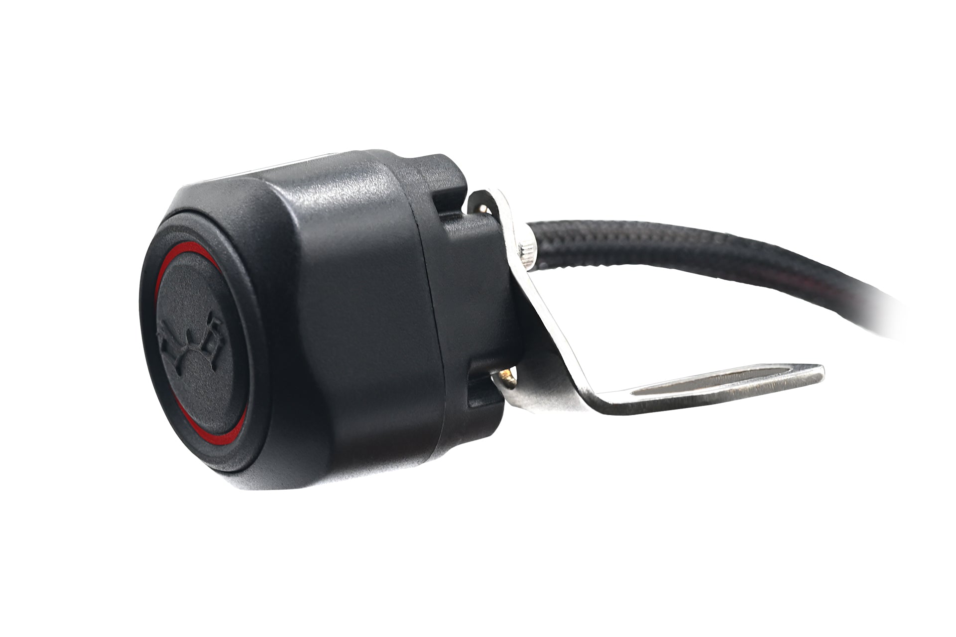 Black handlebar switch with red indicator ring and metal lever bracket